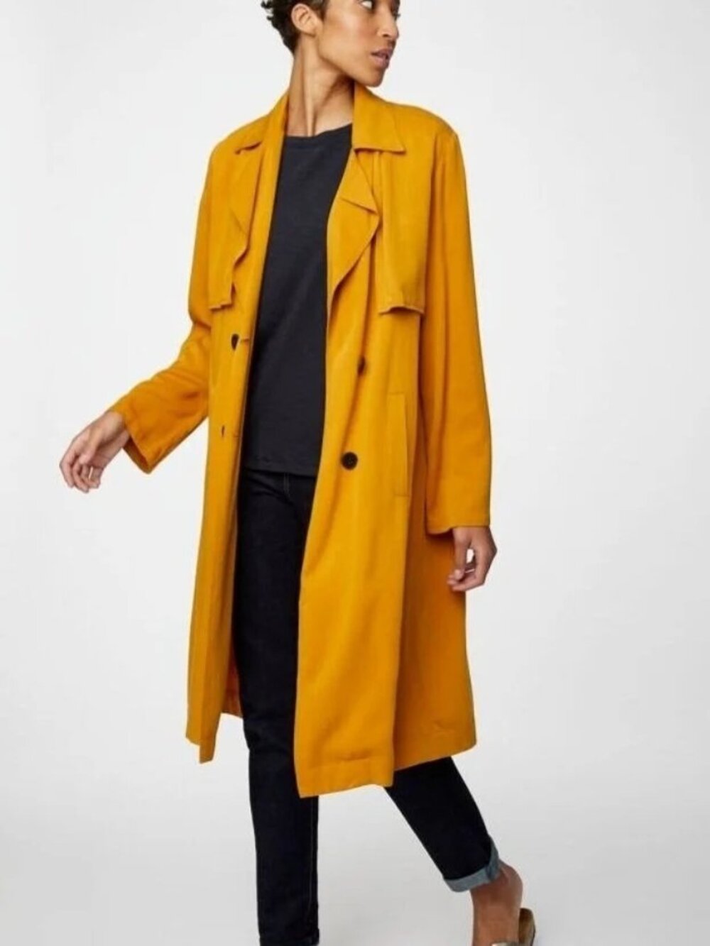 Thought Coat Size 14 Double Breasted Longline Jacket Modal Blend Mustard Outdoor